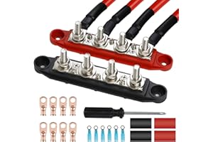 DIKJAK Power Distribution Block Bus Bar, 4 x 3/8" Posts, 3 x #8 Screws Terminals, Max 48V 250A Bus Bar for Car Audio Marine Power Terminal Block