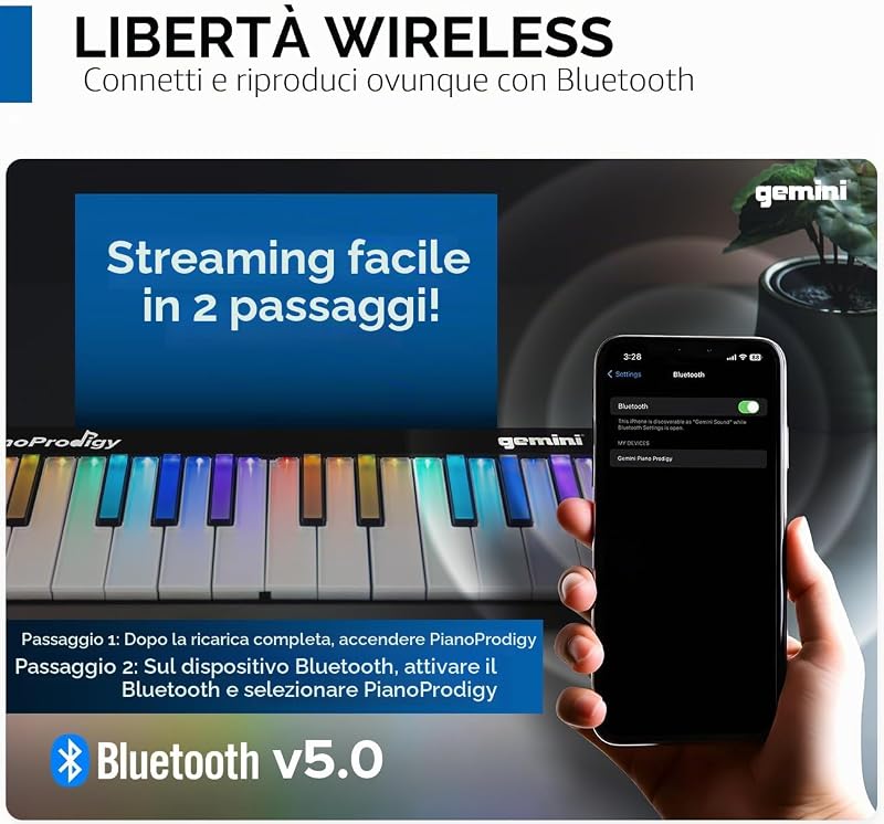 Sound PianoProdigy: Tastiera MIDI Wireless Illuminata a 24 tasti GPP-101, È Necessario Connettersi al Dispositivo iOS/Android per l'Audio, Espandibile, Bluetooth, Portatile