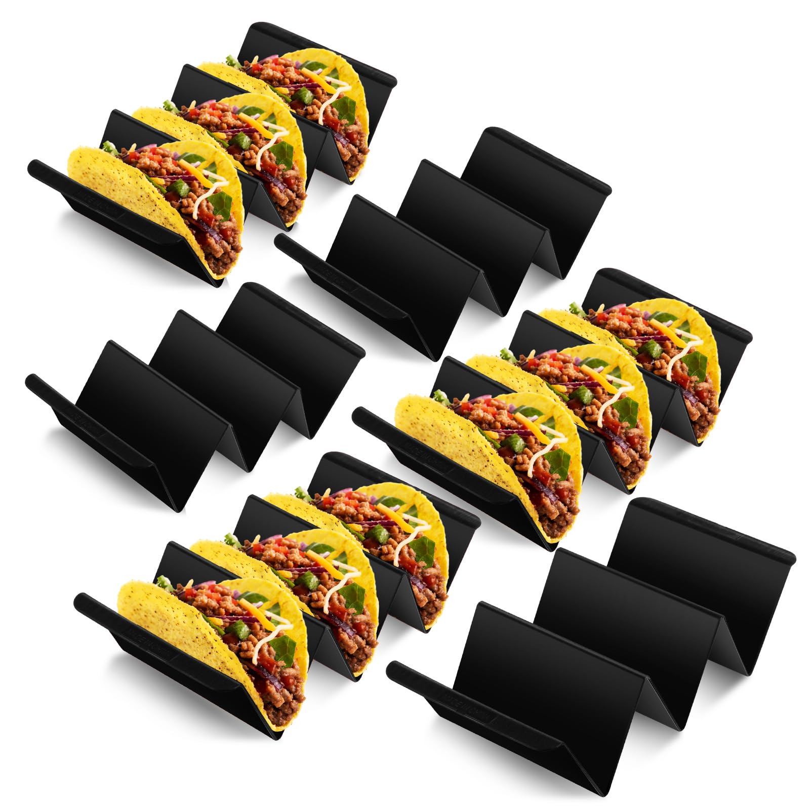 Photo 1 of Baderke Mexico Taco Holder Stands Set of 6 Black Large Tray Plates Plastics Holder for Taco Night Tuesday Carnival Party Supplies, Dishwasher Microwave Safe
