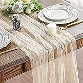 Artoid Mode 6PCS Pearl Beige Gauze Table Runner 120 Inch 10FT, Seasonal Sheer Dining Holiday Wedding Birthday Baby Shower Table Decor for Home Party