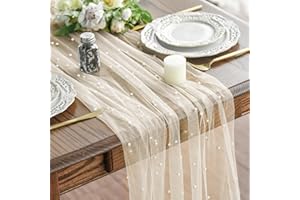 Artoid Mode Pearl Beige Gauze Table Runner 120 Inch 10FT, Seasonal Sheer Dining Holiday Wedding Birthday Baby Shower Table Decor for Home Party