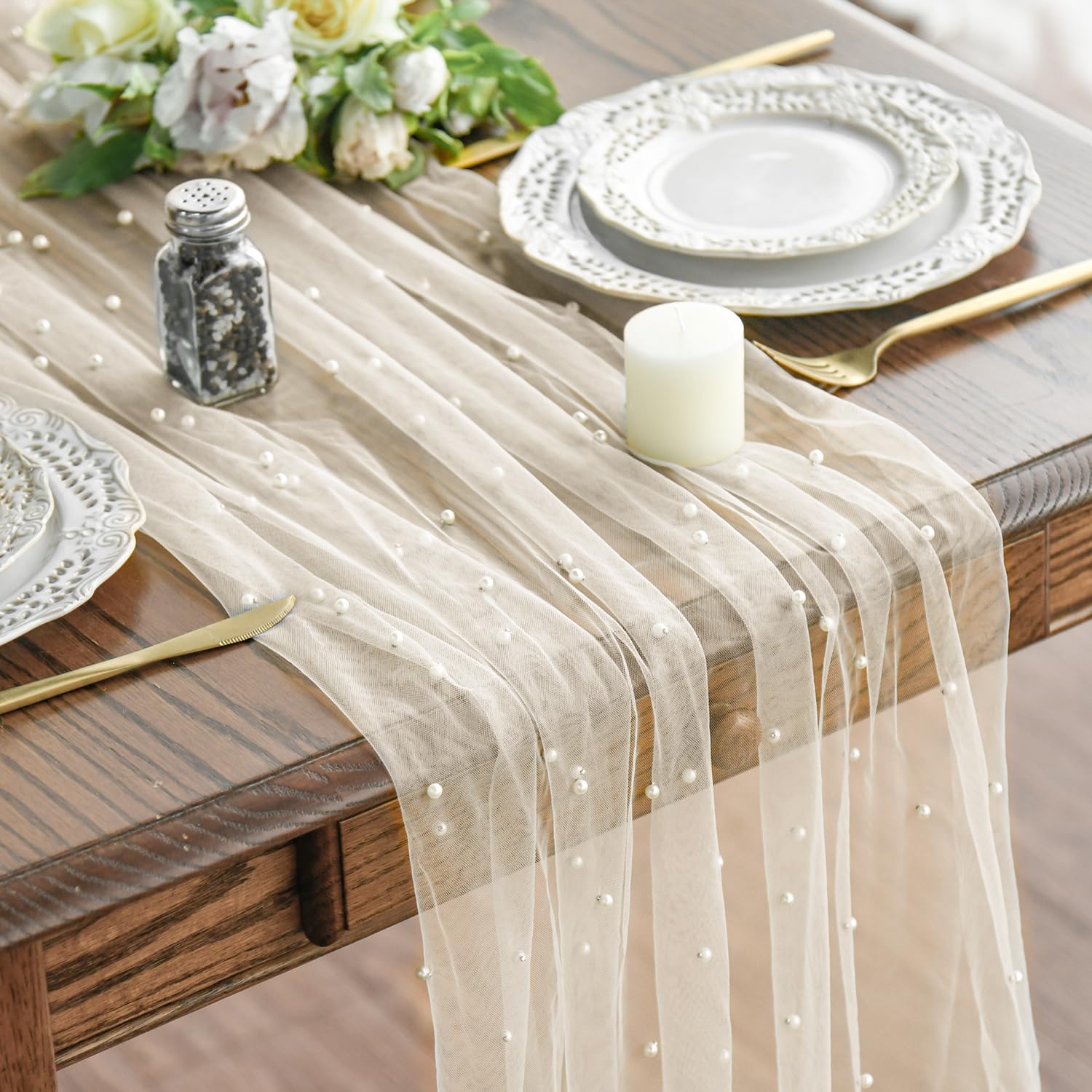 Photo 1 of Artoid Mode Pearl Beige Gauze Table Runner 120 Inch 10FT, Seasonal Sheer Dining Holiday Wedding Birthday Baby Shower Table Decor for Home Party