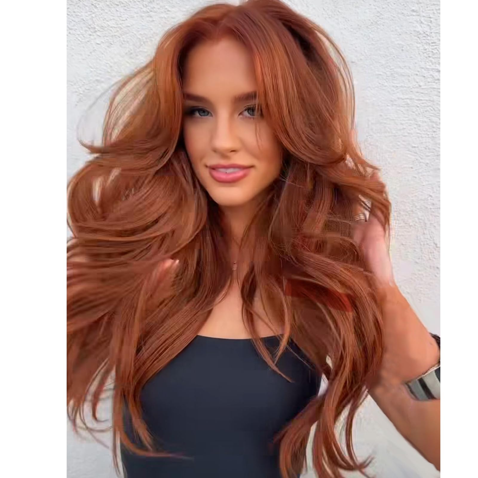 Photo 1 of Aisaide Auburn Wig with Bangs Long Wavy Copper Red Layered Wig with Curtain Bangs for White Black Women,Synthetic Reddish Brown Layered Long Wavy Shaggy for Women 24inch