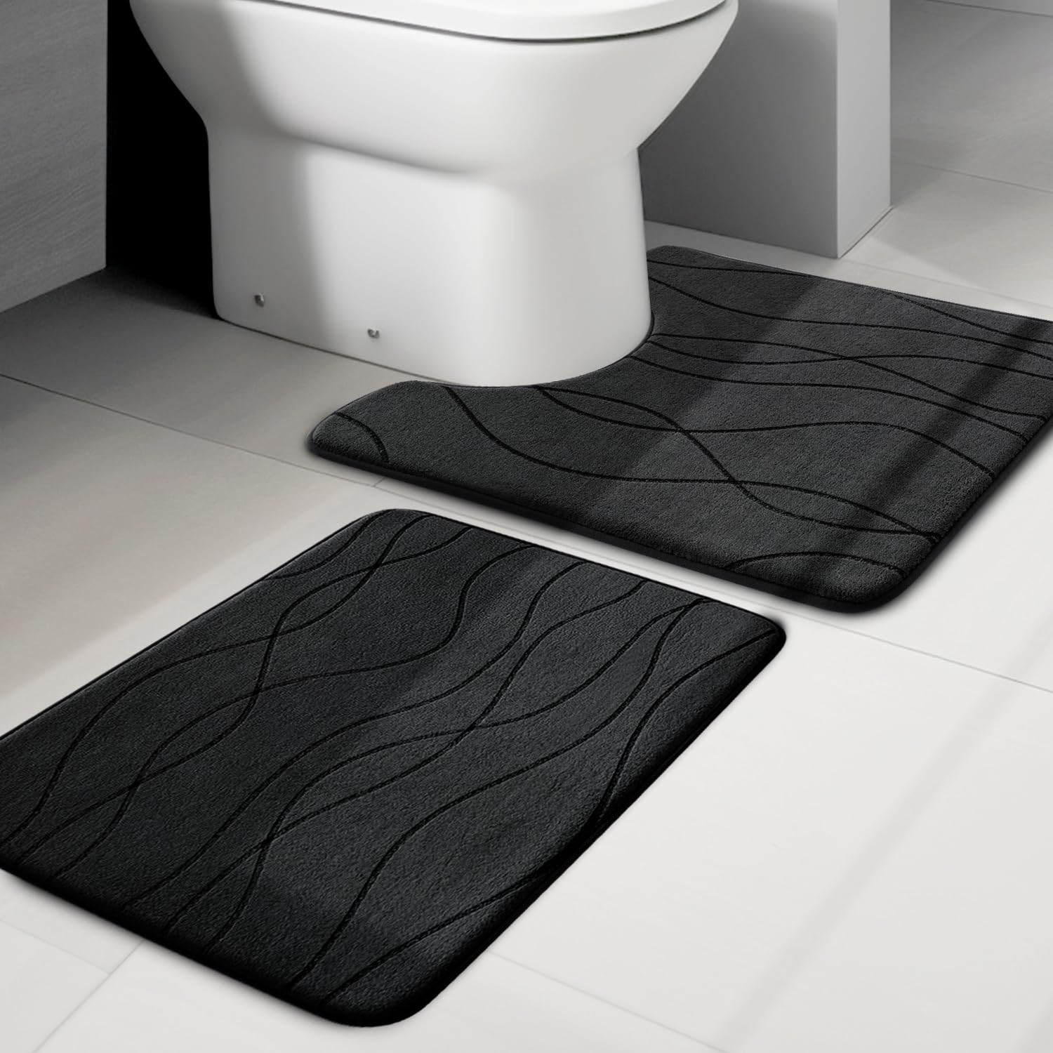 YIHOUSE Memory Foam Black Bathroom Rug Sets 2 Piece, Ultra Absorbent ...