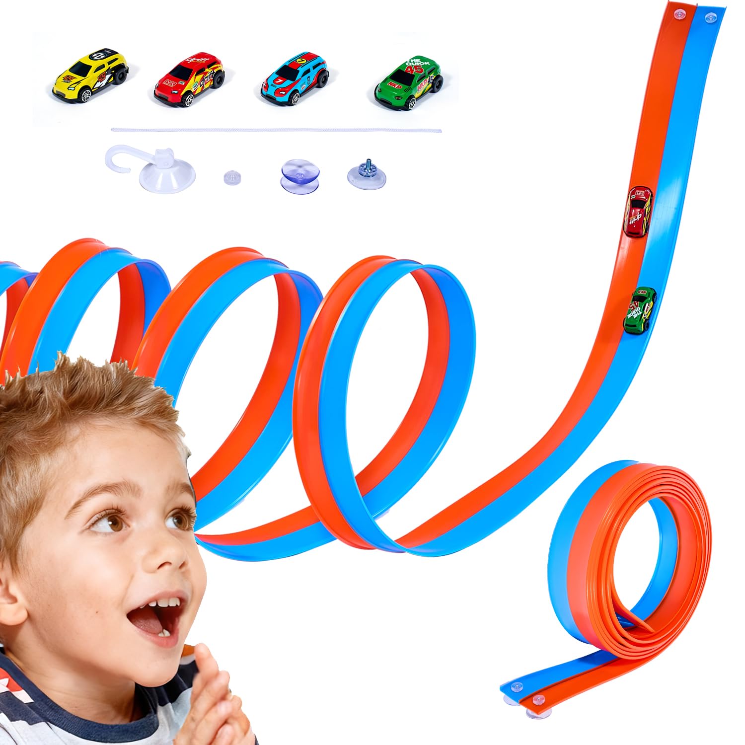 20Ft Flexible Toy Car Race Track with Suction Cups & 4 Pull-Back Cars | Double Lane Blue & Orange Portable Track | Roll-Up Car Track for Boys & Girls Ages 3-8 | Indoor & Outdoor Racing Fun Gift