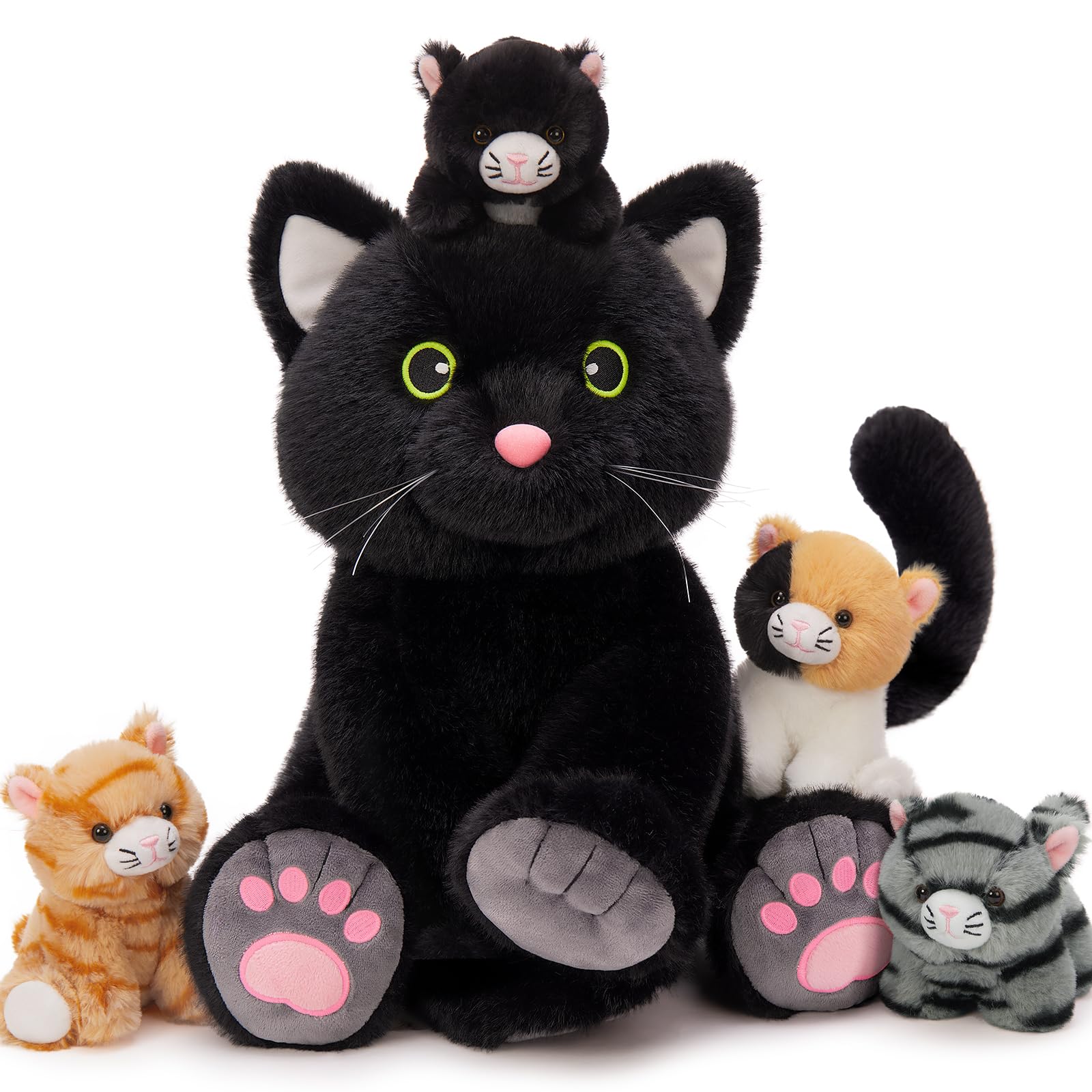 MorisMos 5 stücke Plüsch Katzen, 40cm hoch riesen schwarz Katze Kuscheltier XXL mit Kätzchen Baby im Bauch, Groß Katze Plüschtier Stofftier, weich Geburtstag Weihnachten Geschenk Kinder