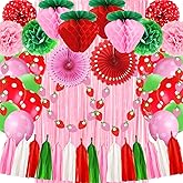 Strawberry Birthday Decorations includes Strawberry Honeycomb Balls Pink and Red Paper Pom Poms Fans Banner Ballons for Baby Shower Berry First Birthday Decor