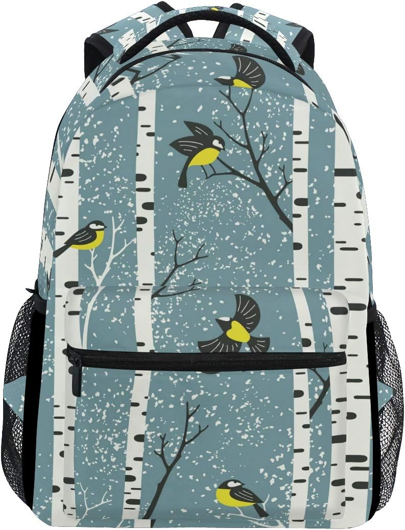 Backpack Snowy Birch Trees Branches Birds Canvas School Bags Laptop Daypack