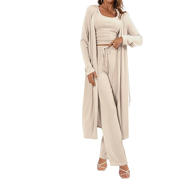 Women 3 Piece Knit Loungeset, Long Sleeve Cardigan Sleeveless Top