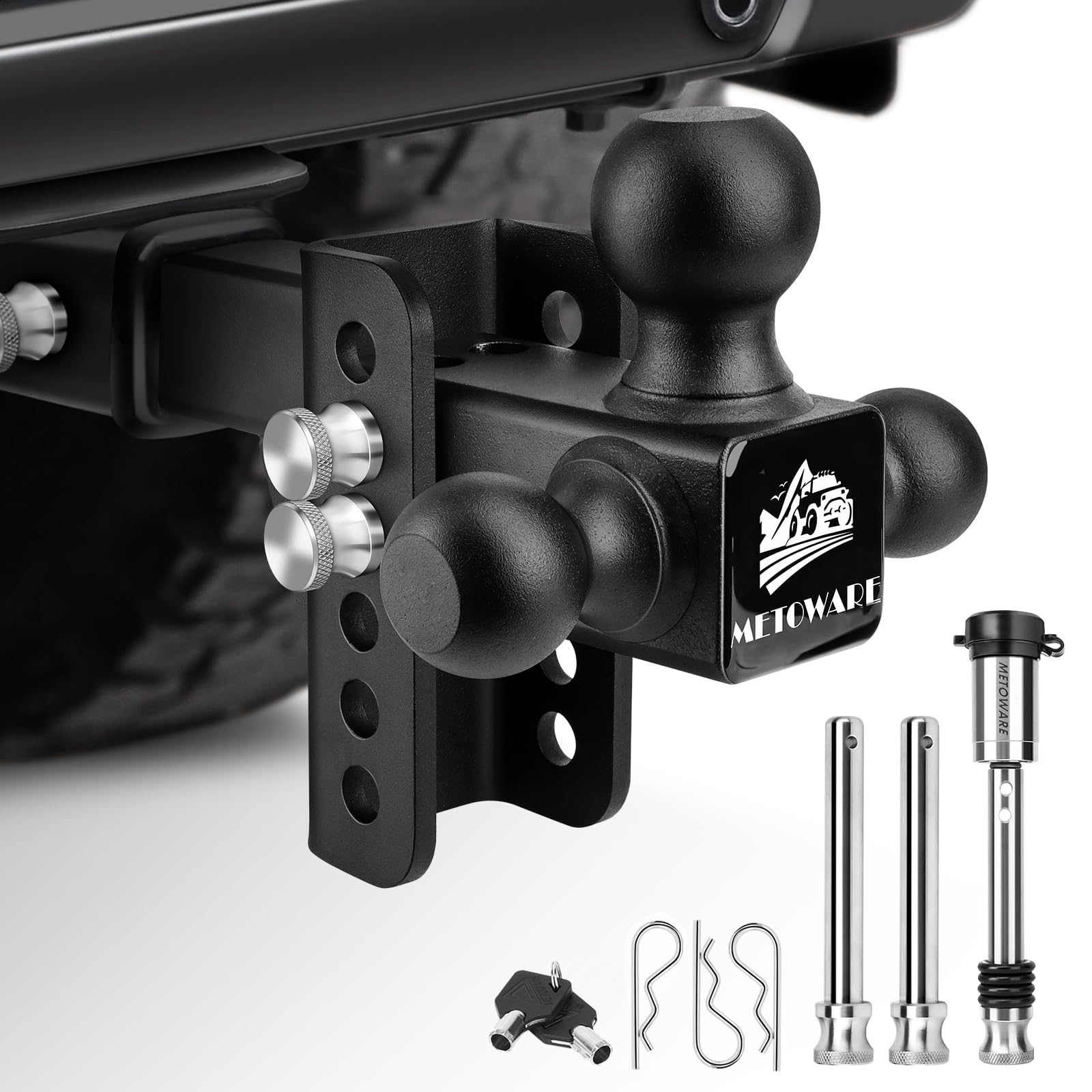 Photo 1 of METOWARE Adjustable Trailer Hitch, Drop Hitch Fits 2-Inch Receiver, Tow Hitch with 4-Inch Drop, 12,500 LBS, Tri-Ball (1-7/8", 2", 2-5/16") Trailer Hitch Receiver with Double Anti-Theft Pins Locks