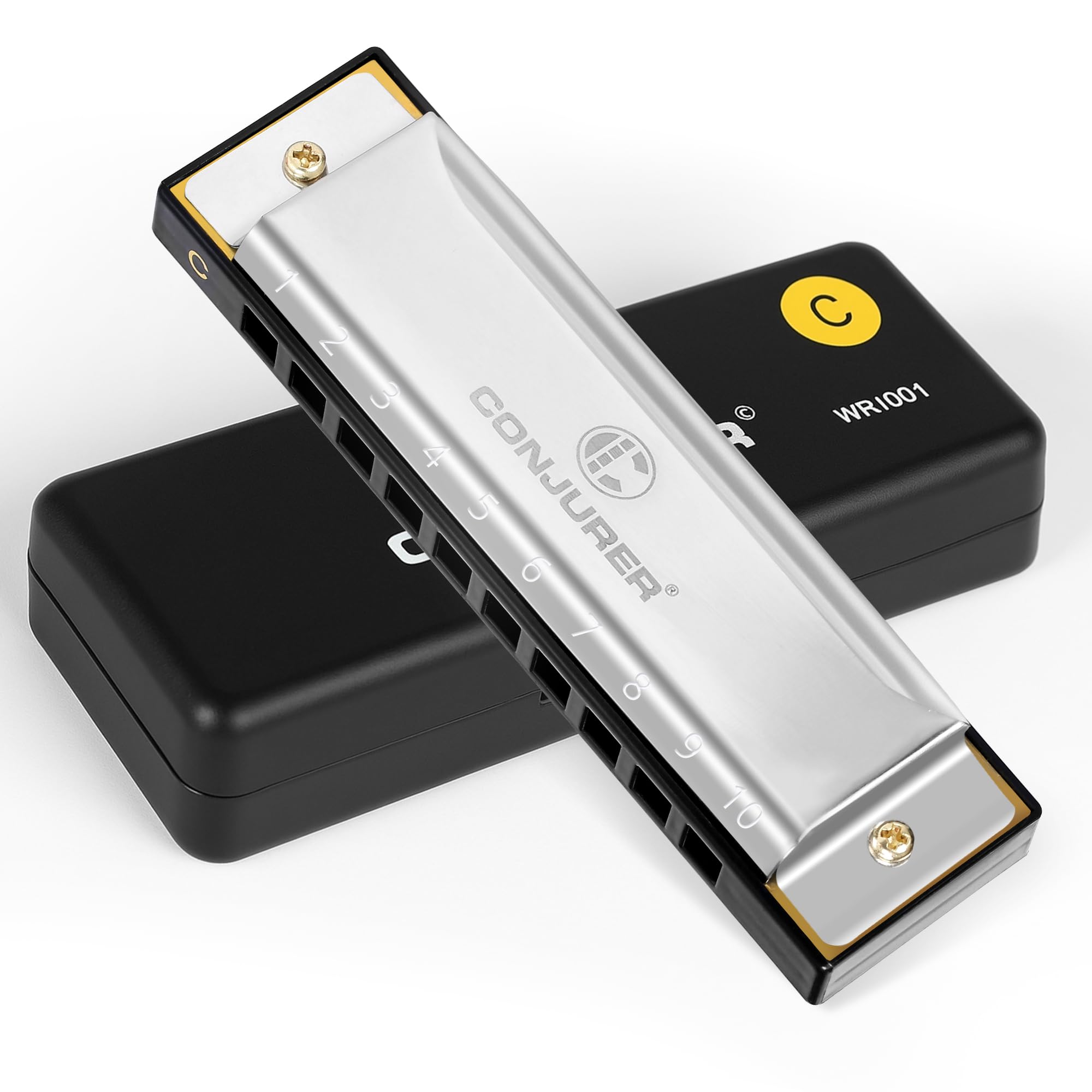 CONJURER Blues Harmonica for Beginners Adult, 10 Hole Diatonic Harmonica Key of C, Metal Mouth Organ Brass Reed Blues Harp With Case, Silver