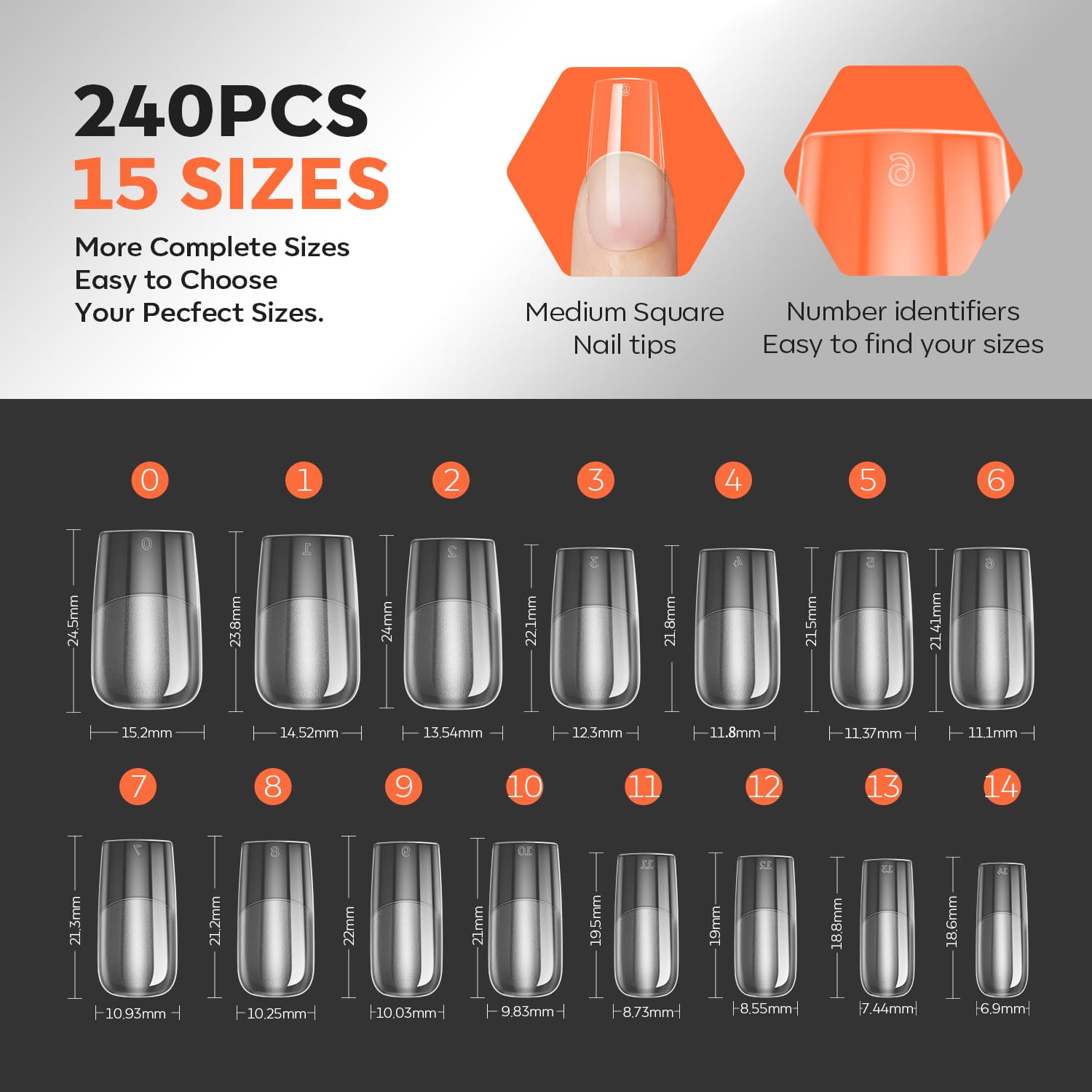 modelones Pro Luxe Instant Apex Nail Tips 15 Sizes, Medium Square Tips Gel Pre-building & Pre-etched Thicker Strength Acrylic Fake Nails Full Cover 240 Pcs - Image 6