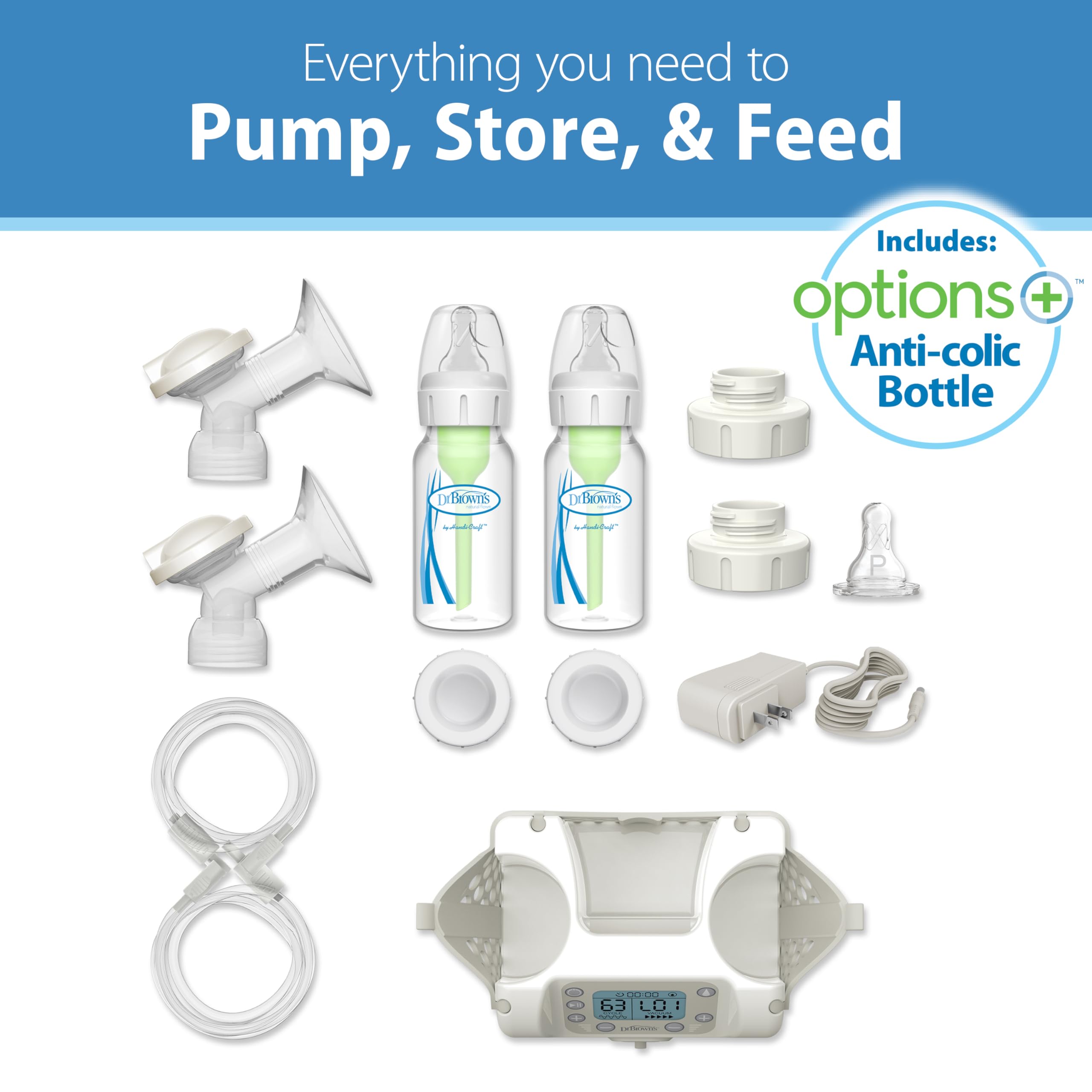 Dr. Brown's Customflow Hospital Strength Double Electric Breast Pump with Adjustable Settings, includes Breast Milk Collection Bottles, Flanges & Other Pumping Essentials