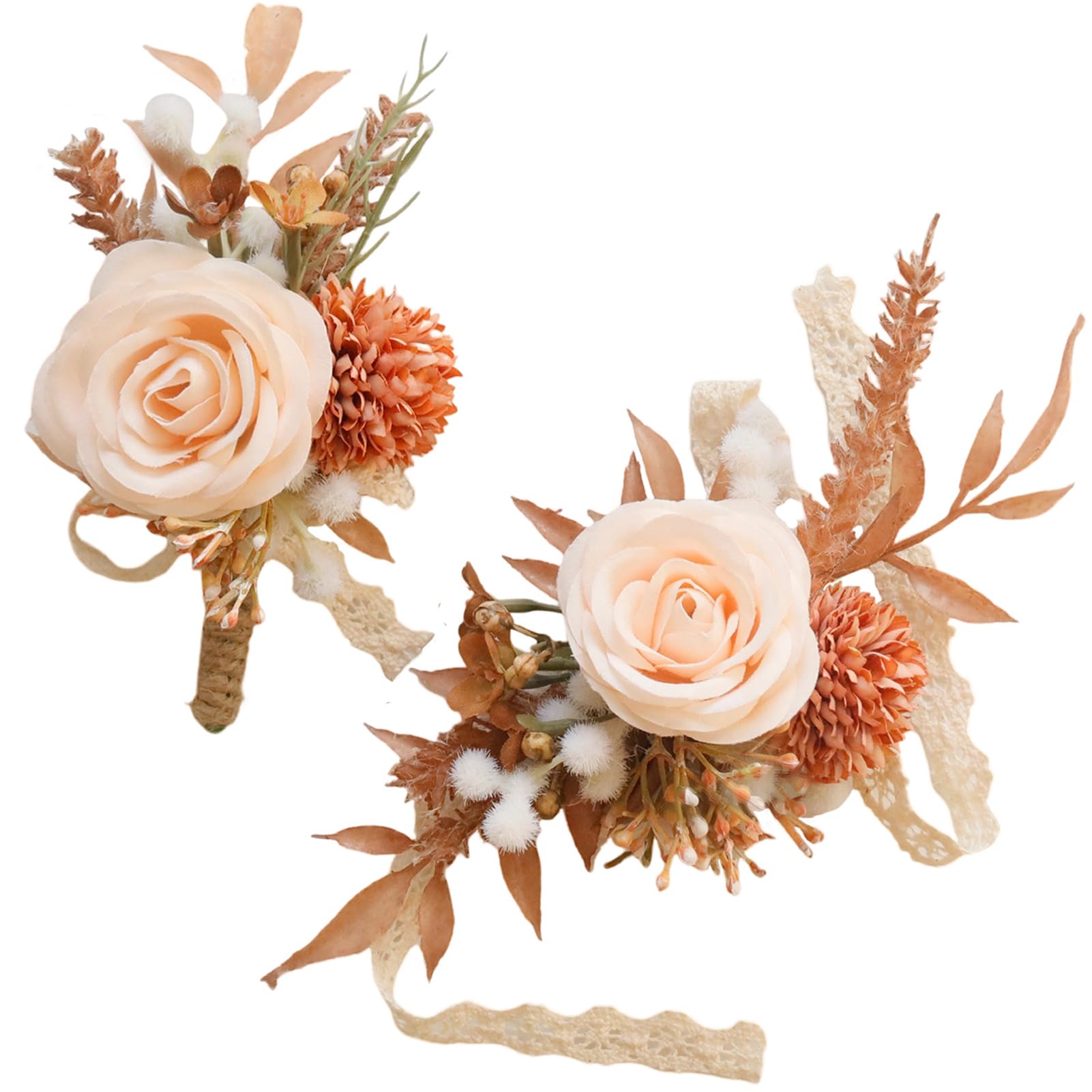 Photo 1 of MAFELOE Artificial Boutonniere and Corsage Set of 2 Pieces, Simulation Flower Accessories for Wedding Prom Party Homecoming Celebration Suit Decorations- Champagne Brown (M5-Y1-C)