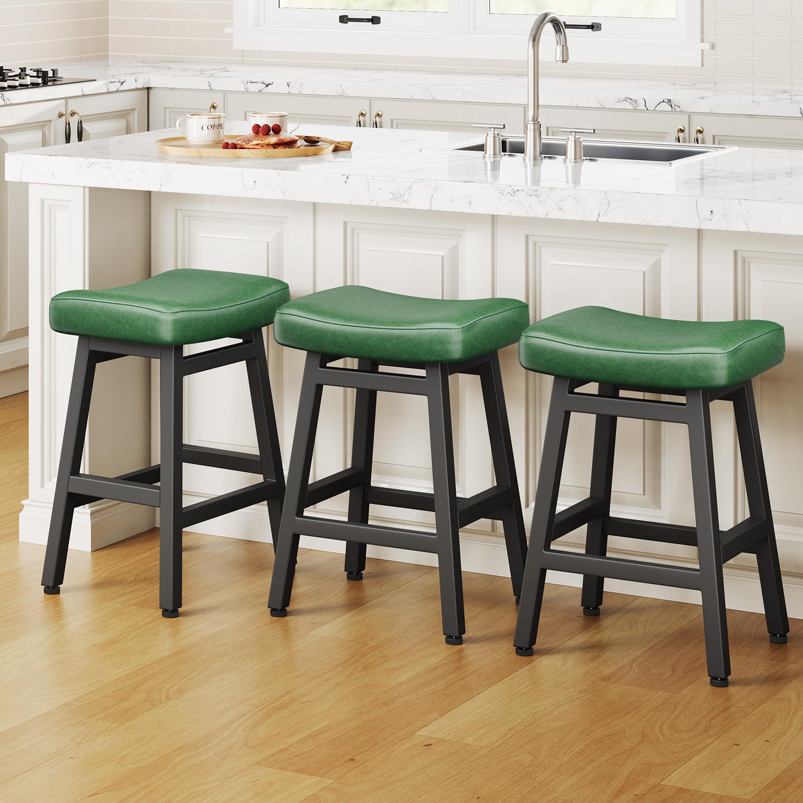 Raynesys Counter Height Bar Stools Set of 3, 24 Inch Barstools for Kitchen Counter, Kitchen Stools with Faux Leather Saddle Seats & Heavy Duty Metal Legs, Easy Assembly, Forest Green