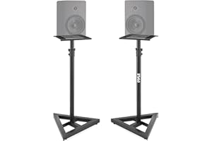 Pyle Speaker Stand Pair of Sound Play 1 and 3 Holder - Telescoping Height Adjustable from 26” - 52” Inch High Heavy Duty Three-point Triangle Base w/ Floor Spikes and 9” Square Platform, Black