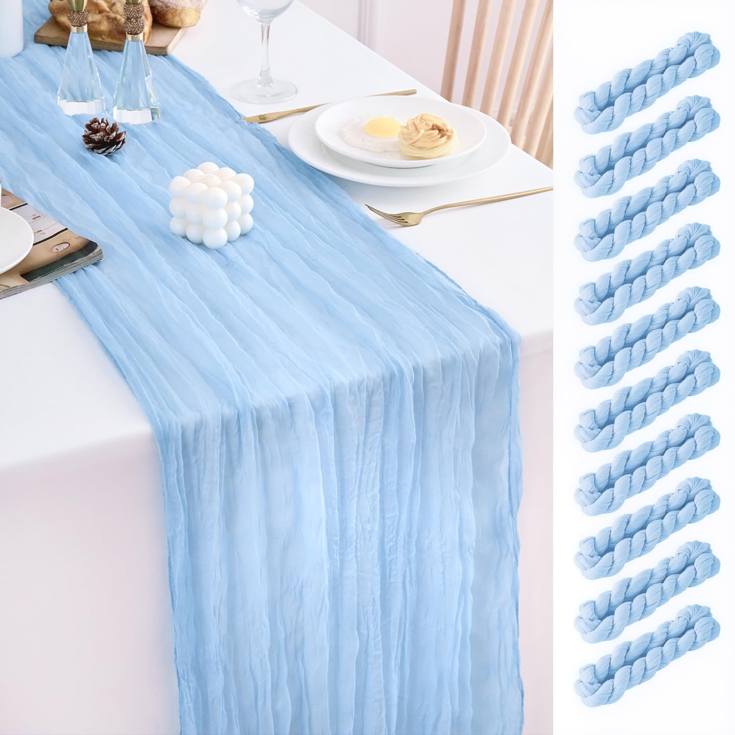 Photo 1 of 10 Pack Baby Blue Table Runner 21x120 Inch Light Blue Cheesecloth Table Runner 10FT Boho Gauze Table Runners Long Cheese Cloth Table Runner Semi Sheer Runners for Wedding Bridal Baby Shower Party