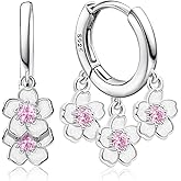 S925 Sterling Silver Cherry Blossom Huggie Hoop Earrings Pink CZ Three Sakura Flower Dangle Earrings Cute Hypoallergenic Romantic Floral Jewelry for Women Mom Girlfriend Wife Birthday