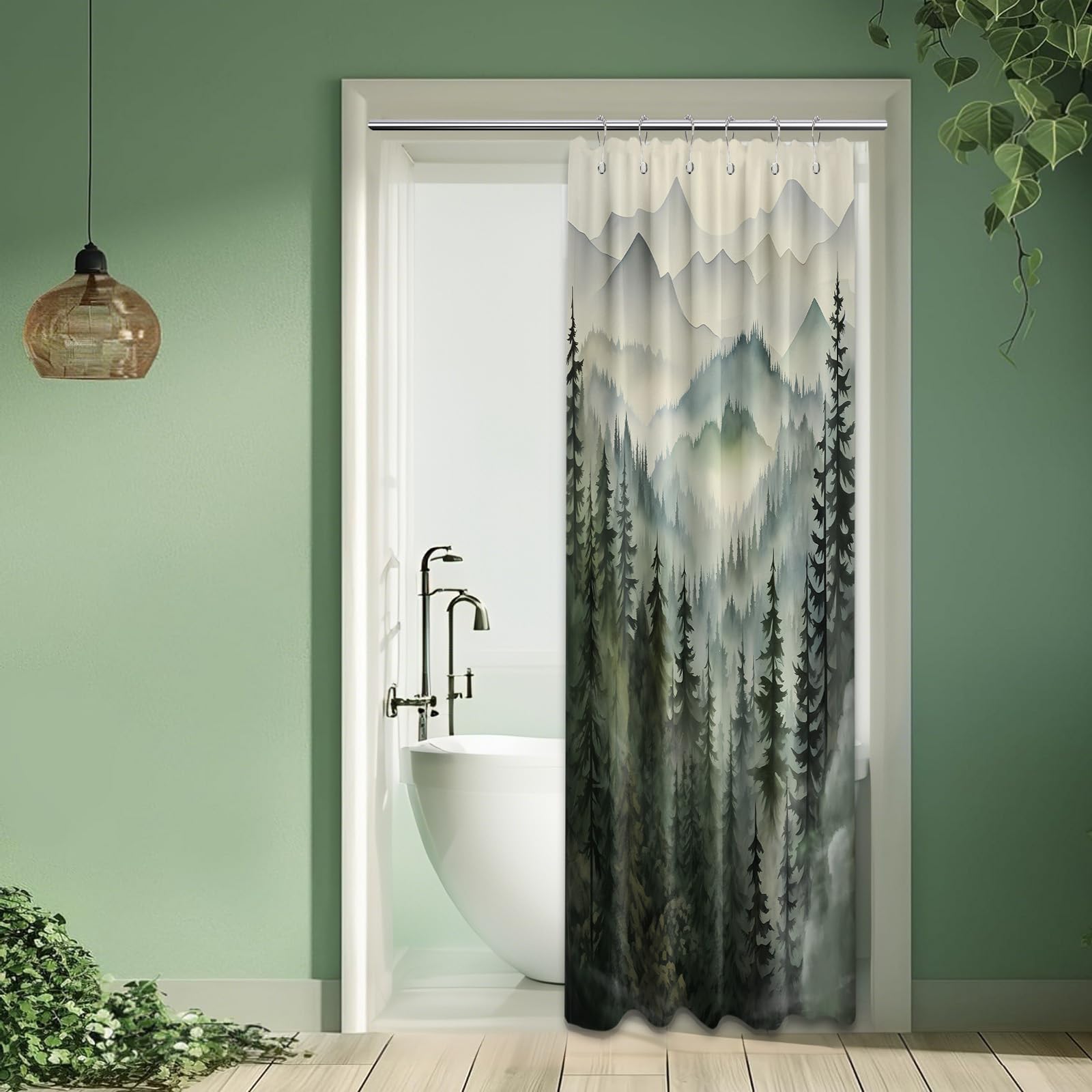QGHOT Mountain Shower Curtain Green Forest Nature Shower Curtains for Bathroom Rustic Woodland Pine Tree Landscape Bath Decor Sets, Waterproof Polyester Fabric with Hooks, 36x72in