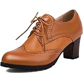 SHEMEE Women's Chunky High Heels Wingtip Oxfords Round Toe Lace Up Stacked Block Heel Vintage Brogues Pumps Shoes