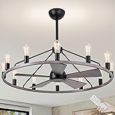 OSGNER 44'' Ceiling Fan with Light, Wood Wagon Wheel Chandelier, Large Farmhouse Fandelier Light Fixture, Chandelier for Livi