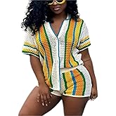ksotutm 2 Piece Outfits for Women Knitted Shorts Set Crochet Sets Two Piece Women Short Sleeve Shirt and Shorts Summer Sets