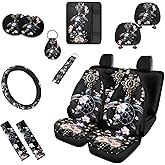 Semiouray Tropical Sea Turtle Floral Print 13 PCS Car Seat Cover Set Hawaii Turtles Hibiscus Steering Wheel Cover Cup Coasters Decor Accessory Fit for Trucks SUV, Black