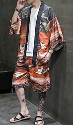 Ambcol Men's Japanese Style Kimono Tops Shorts Sets