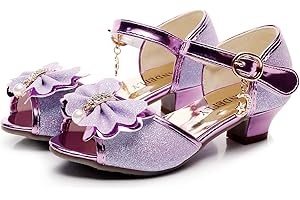 TANDEFLY Toddler Girls Dress Shoes with Heels - Sparkly Sequins Flower Girl Sandals Open Toe for Wedding Party | Big Kid Sizes 11-4, Comfortable Bowknot Straps