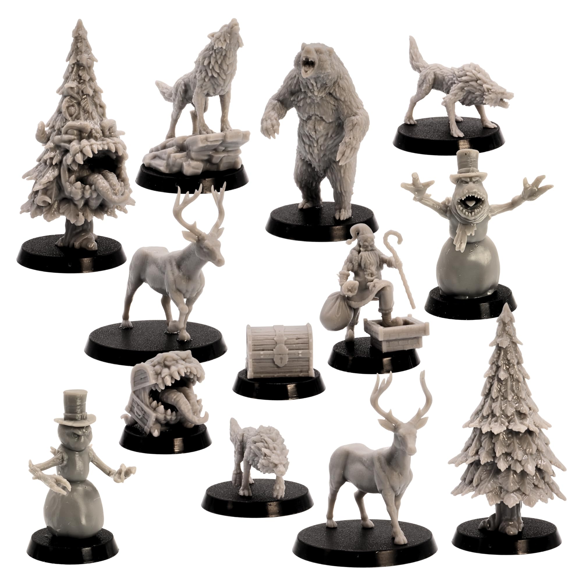 Christmas DnD Starter Set – 13 Resin Miniatures (Santa, Mimics, Snowmen, Forest Animals & More) for Tabletop RPGs | 28mm–32mm Scale Holiday Fantasy Figures | Resin Unpainted Figures
