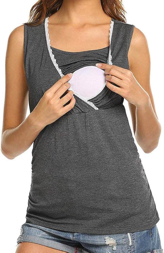 Amazon.co.jp: マタニティ授乳用ノースリーブトップス | 無地サイドプリーツレースパッチワークタンクラップ 授乳カジュアル