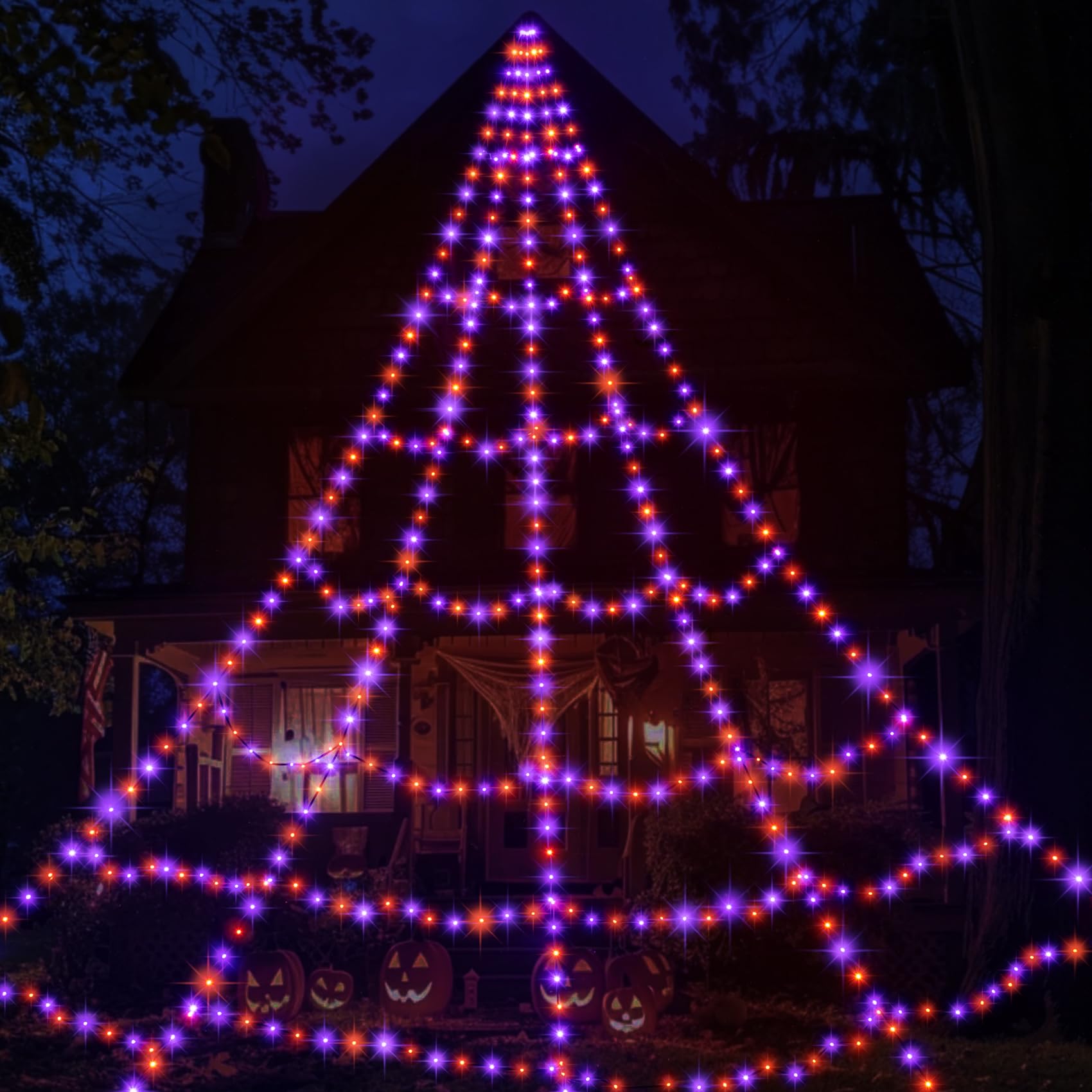 Photo 1 of LED Spider Web Lights for Halloween Decorations Outdoor - 616 LEDs, 8 Lighting Modes, 16.4 Ft Light Up Giant Web (Purple & Orange)