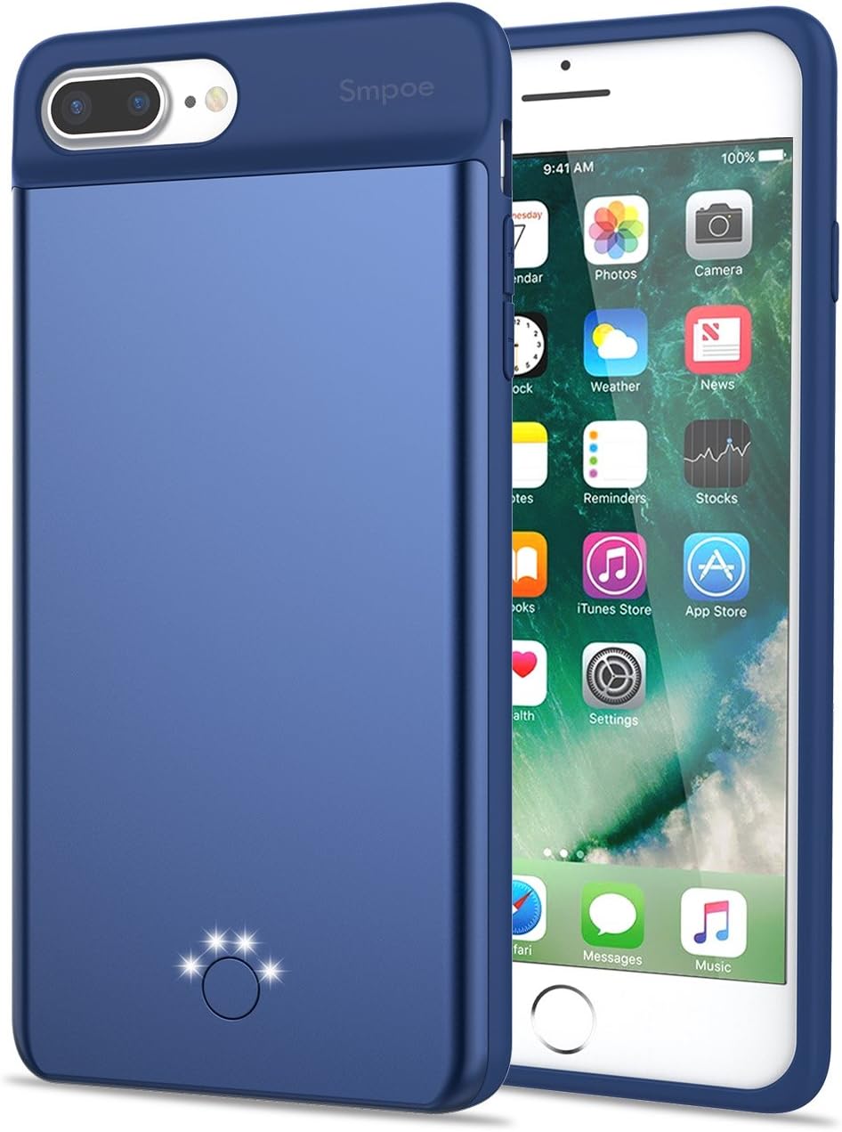 iPhone 7 Plus / 8 Plus Battery Case,Smpoe 4000mAh Ultra Slim Rechargeable Portable Charging Case for iPhone 8 Plus / 7 Plus / 6 Plus / 6S Plus, External Battery Backup Case (5.5"-Blue)