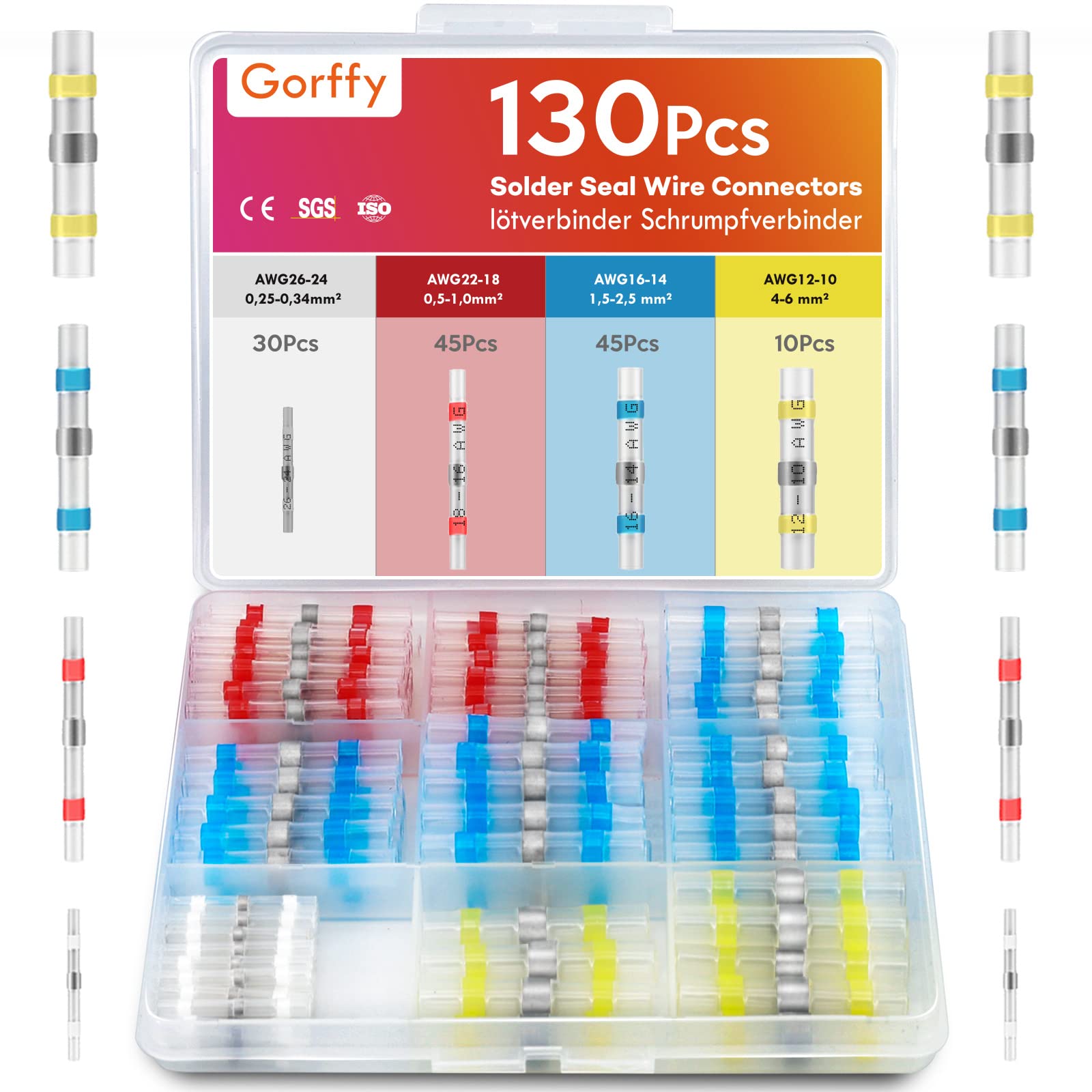 Gorffy Solder Seal Wire Connectors 130 Pcs, Automotive Electrical Connectors, Waterproof Heat Shrink Connector, Electric Shrink Wrap for Wires Cable Joint