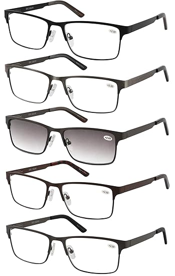 Amcedar 5 Stuks Lesebrille Herren Rechteck Rahmen Edelstahl Material Metall Federscharniere Enthalten Sonne Lesebrille +1.50