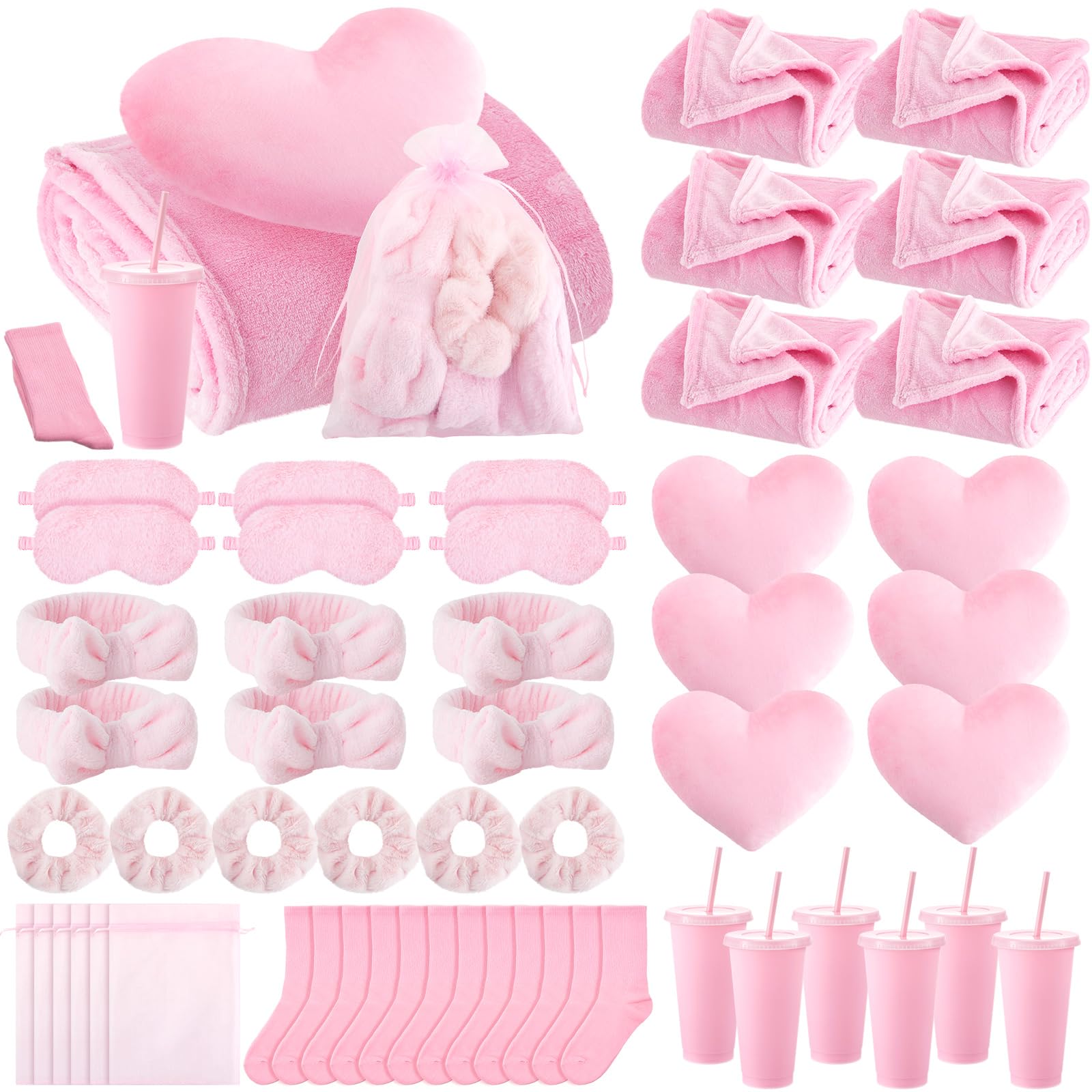 Photo 1 of **** ONLY THEE BLANKETS***     Fanfanwin 48 Pcs Sleepover Party Supplies Spa Birthday Slumber Party Favors 6 Throw Blanket 6 Headband 6 Heart Pillow 6 Scrunchies 6 Sleep Eye Mask 6 Organza Bag 6 Straw Cup 6 Pair Socks(Pink)