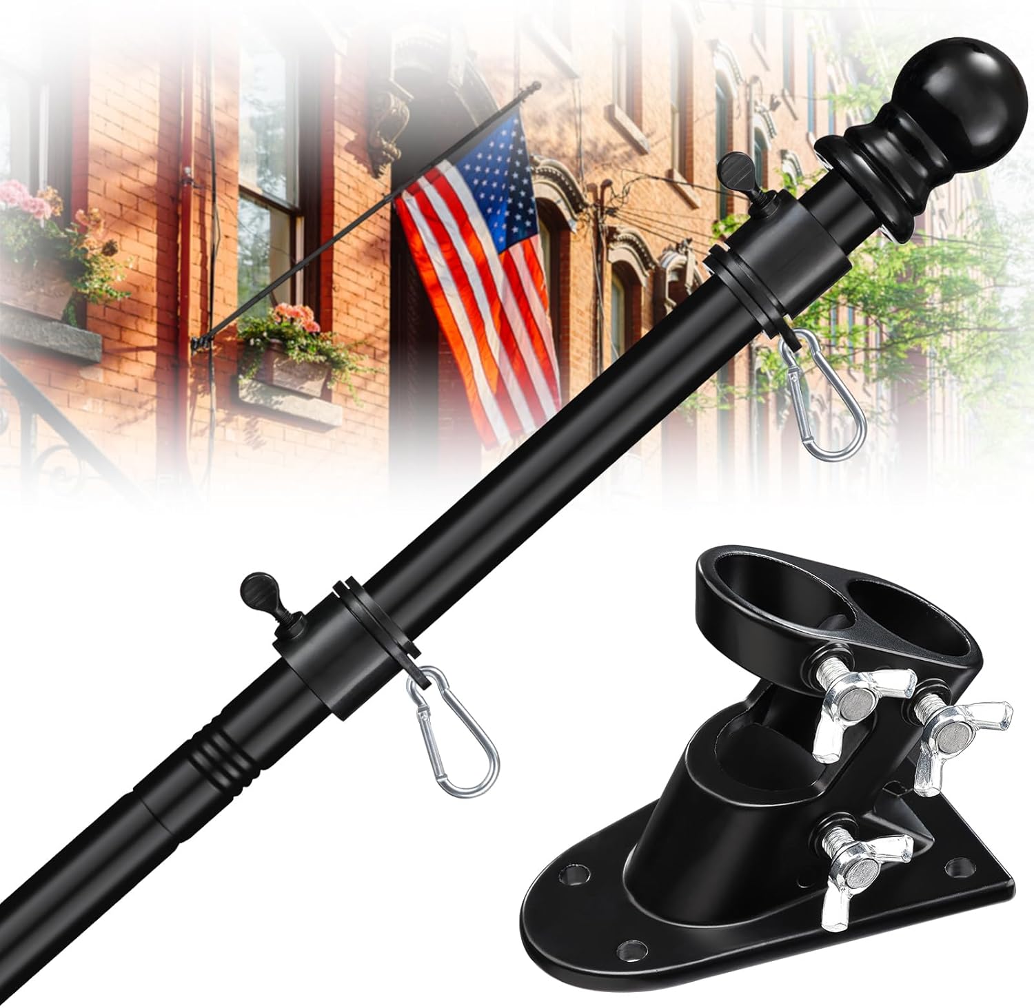 Flagpole Hardware - Pauilcurd House Flag Pole Kit - 5ft Tangle Free Black Flag Poles for 3x5 Flags Outdoor with Bracket - Heavy Duty Stainless Steel Flag Pole Holder for Outside House Porch Boat Truck Jeep