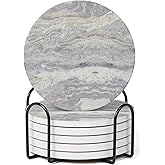 Hoomey Set of 6 Light Gray Abstract Onyx Marble Coasters with Holder, Absorbent Ceramic Drink Coasters for Table Protection, Coffee Table Decor