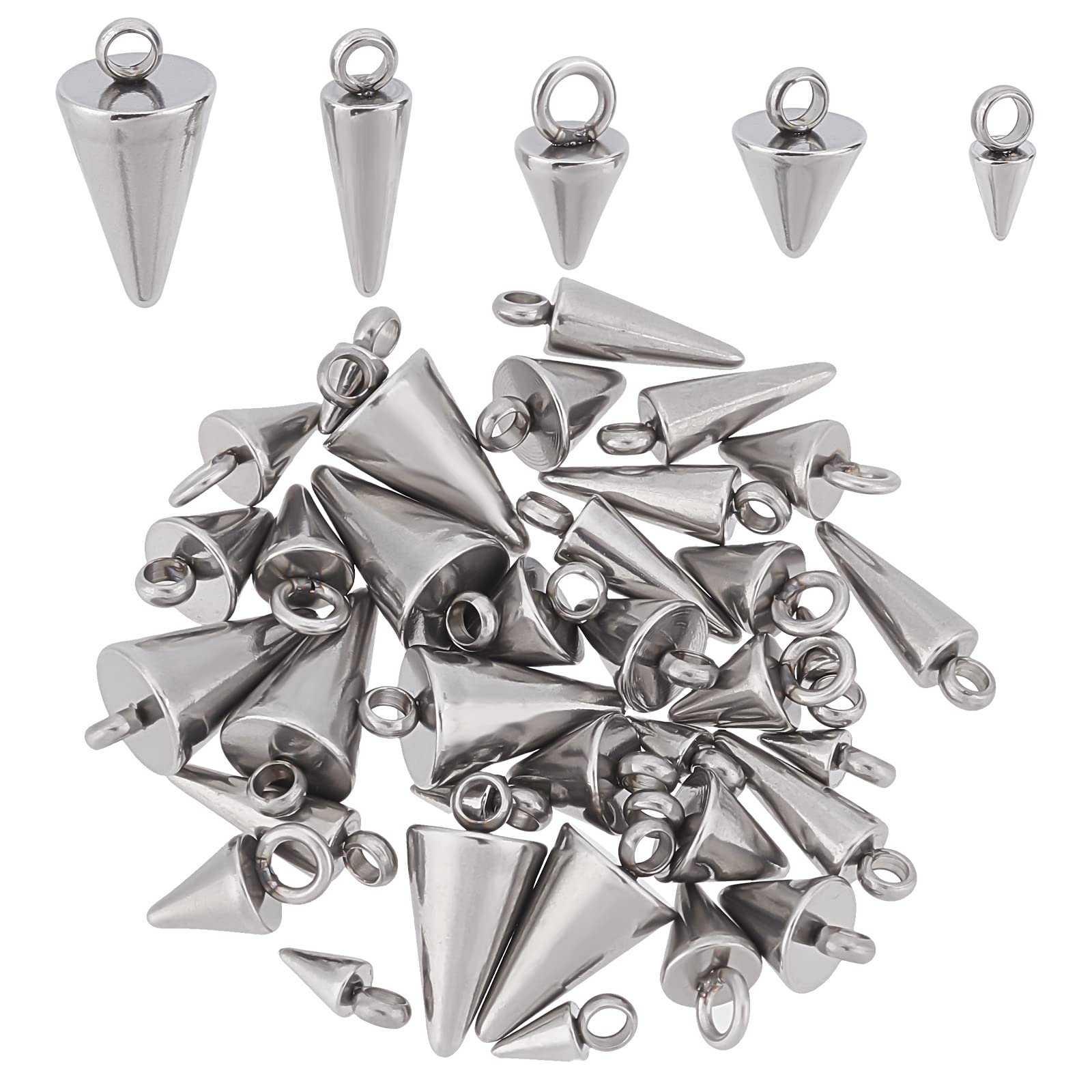 SUNNYCLUE 1 Box 40Pcs 5 Size Spike Charm Cone Charms Spike Pattern Charms Bulk Stainless Steel Cone Charm Bullet Shape Charms for Jewellery Making Charms DIY Earrings Craft Making Supplies Accessories