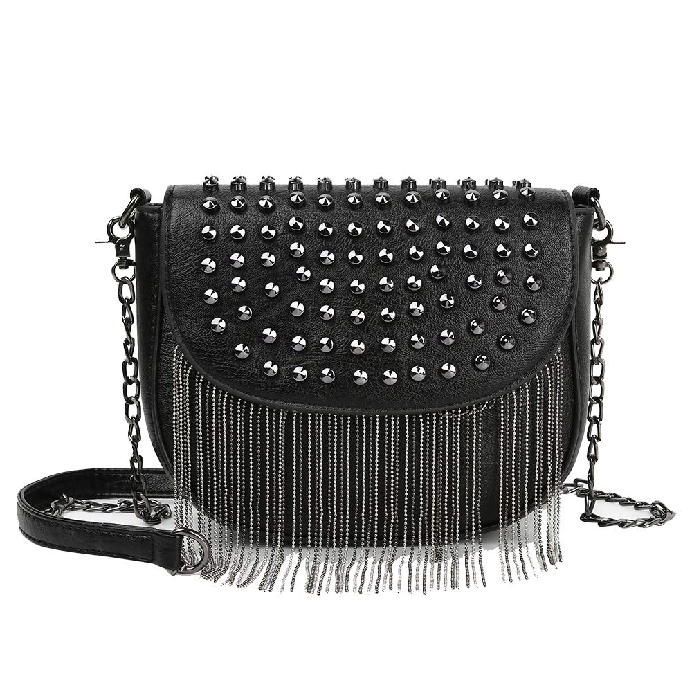 Kris Anna Womens Rivet Mini Crossbody Bag with Chain Shoulder Strap Tassel Black