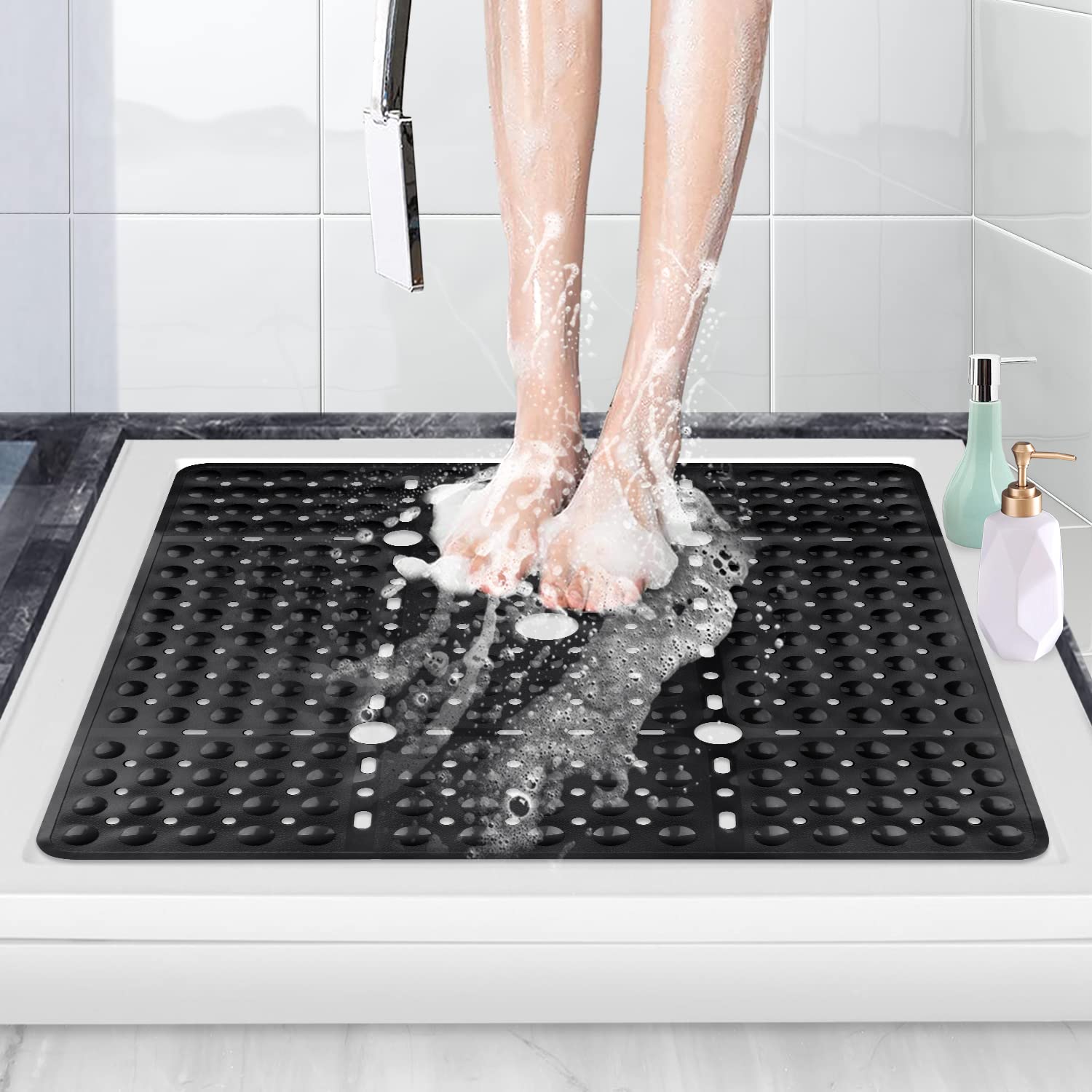 ZOKBOM Square Shower Mat Non Slip 70x70cm | Large Shower Mats for Inside Shower with Suction Cups & Drain Holes | Anti Mould Rubber Bathtub Mats for Bathroom, Machine Washable (Black)