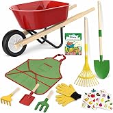 Qtioucp Kids Gardening Wheelbarrow Set, Metal &amp; Wooden Garden Tools for Kids Ages 3-8, Real Wheelbarrows with Apron, Gloves &amp; STEM Guide, Outdoor Backyard Garden Toy Gift