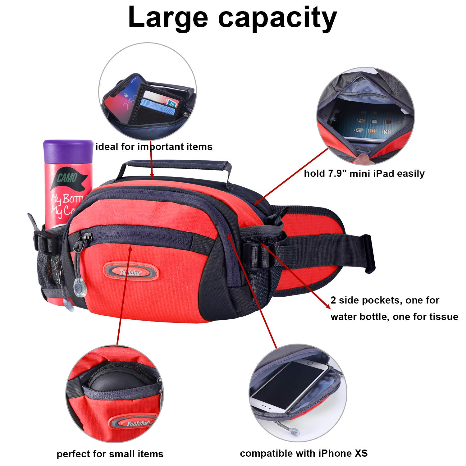 Y&R Direct Fanny Pack Waist Bag Packs Large Running Belt Bum Purse Bags with Bottle Holder Extension Strap Women Men Boy Girls Kids Gifts Waterproof Multicolor Outdoor Walking Hiking (Red)
