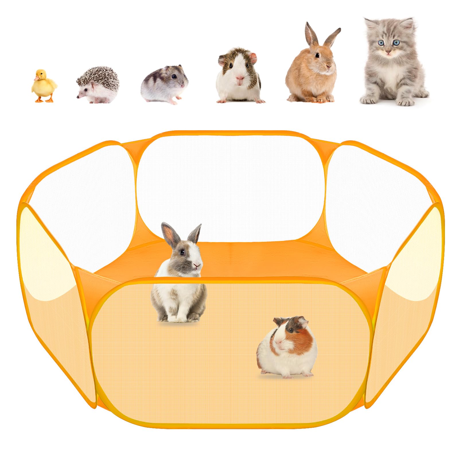Small Animals C&C Cage Tent, Breathable & Transparent Pet Playpen Pop Open Outdoor/Indoor Exercise Fence, Portable Yard Fence for Guinea Pig, Rabbits, Hamster, Chinchillas and Hedgehogs (Orange)