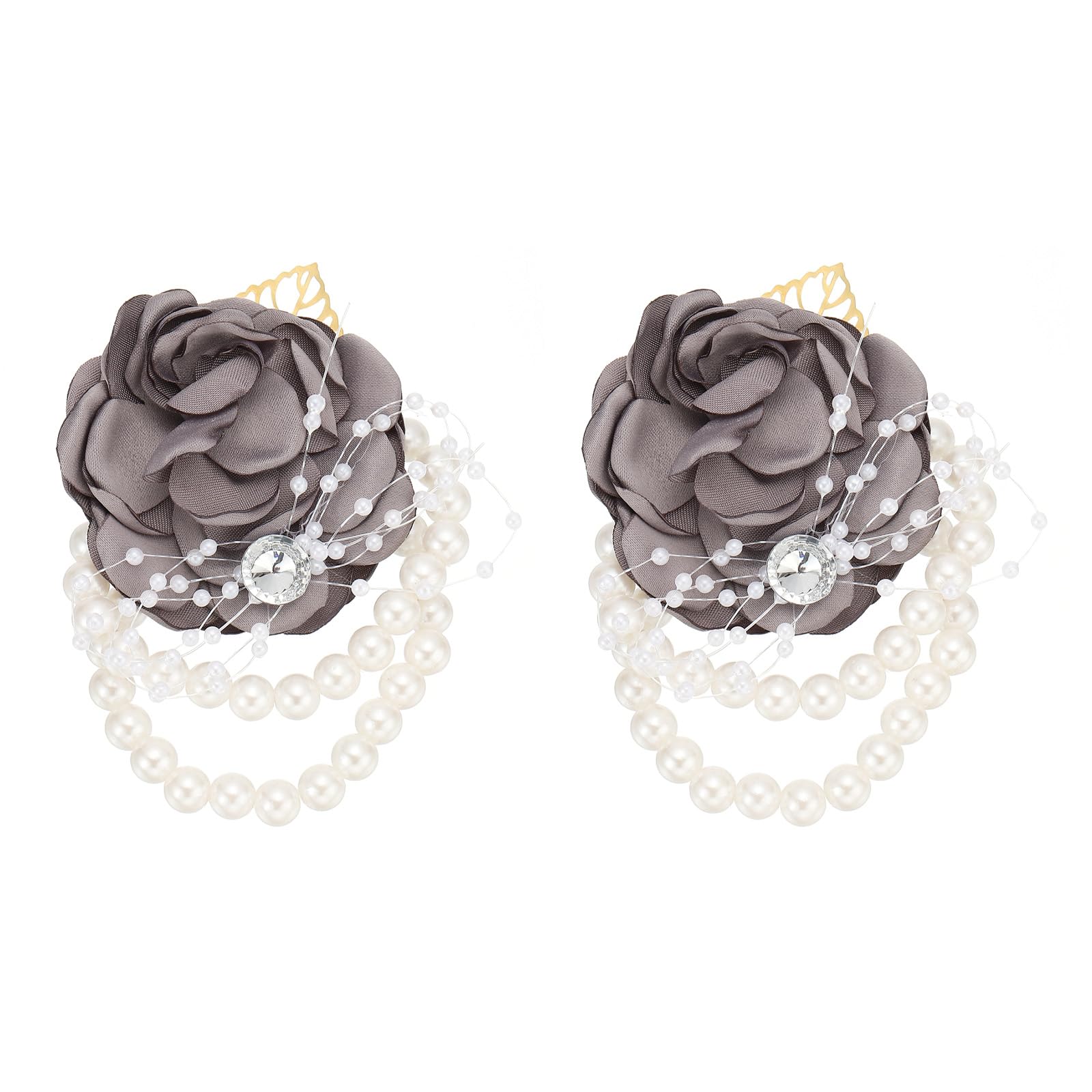 PATIKIL Rose Bridesmaid Wrist Flower, 2 Pack Artificial Rose Flower Wrist Corsage Bride Wrist Corsage for Wedding Party Ceremony, Grey