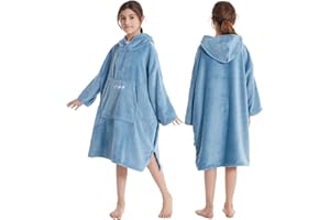 Hiturbo Kids Towel Changing Robe: Soft Plush Wearable Blanket - Warm Coral Fleece Hoodie - Swim Surf Poncho for 5-12 Years (Blue)