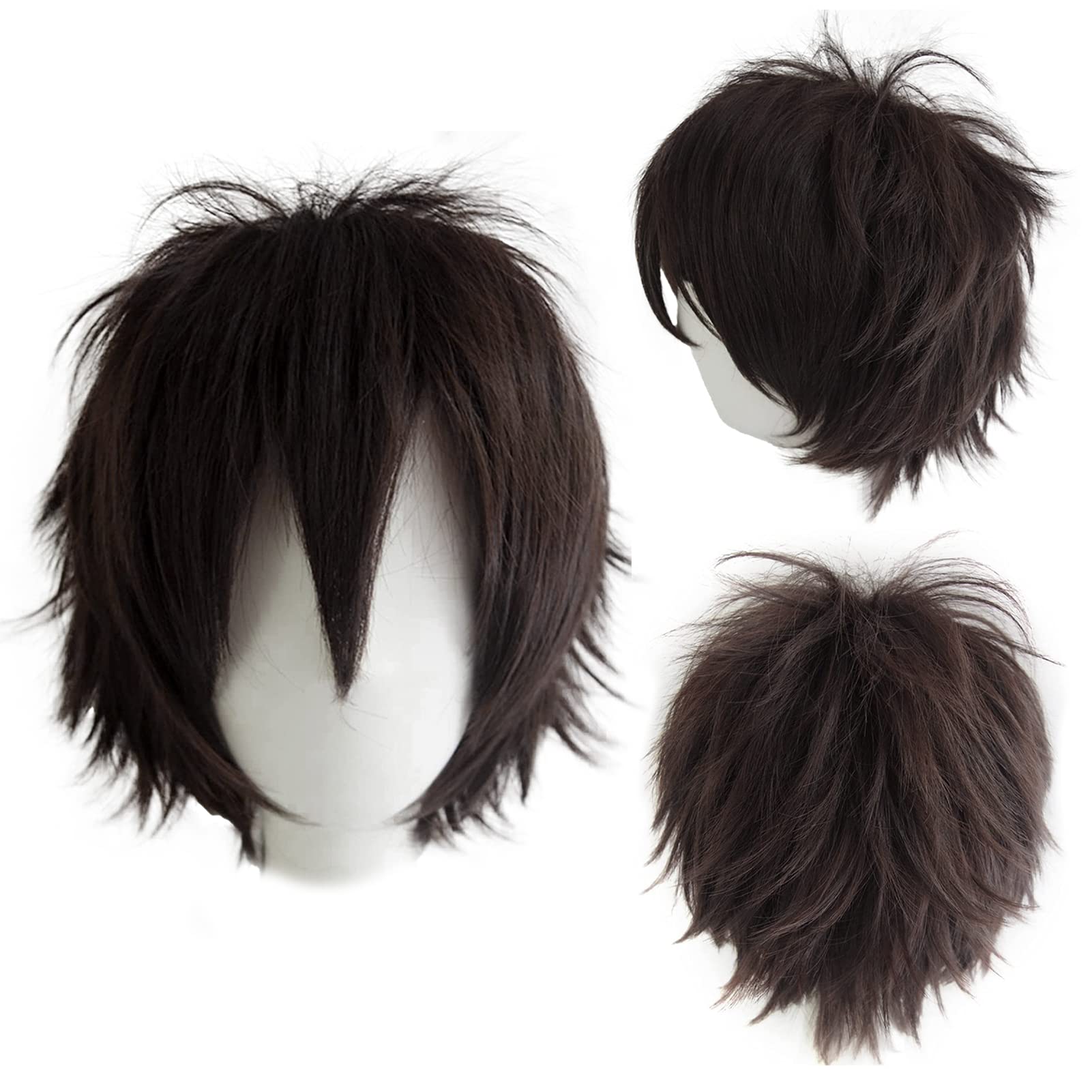 Gairyan Short Brown Wig Cosplay Wig Unisex Anime Cosplay Wigs Women/Men Straight Fluffy Wig Costume Theme Party Fancy Dress Wigs Halloween Wig Comic-Con Costumes Accessories, Dark Brown, 130.0 gram