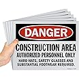 SmartSign 5-Pack 9" x 12" 'Construction Area, Authorized Personnel Only, Hard Hats/Safety Glasses Required' OSHA Signs, Screen Printed, 10 mil Polystyrene Plastic, Red/Black/White, USA-Made