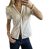 Women's Polka Dots Button Down Shirt Short Cap Sleeve V Neck Cinched Waist Casual Blouse Tops