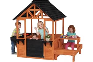 Qaba Outdoor Playhouse for Kids, Wooden Garden Games Cottage with Table, Benches, Sink Table, Snack Bar Window and Flowerpot 